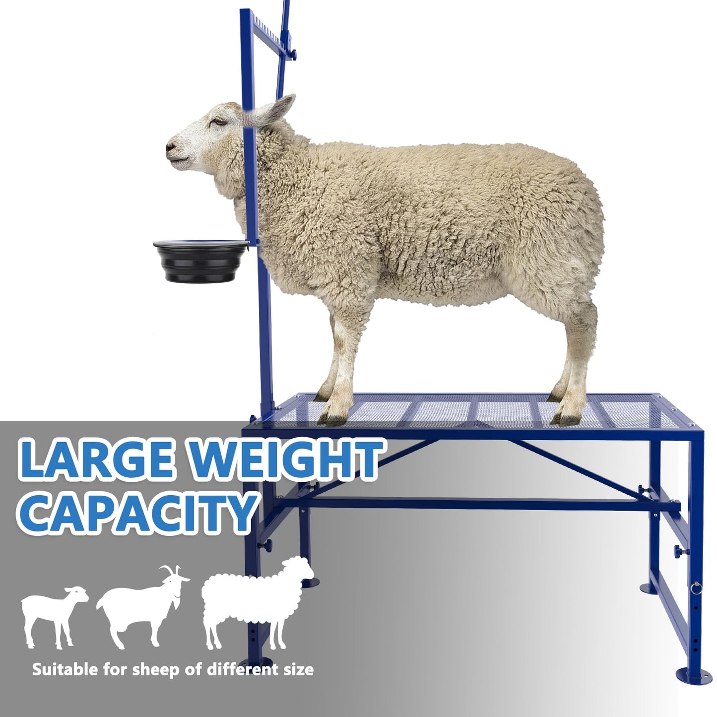 Lezbanz 600 LBs Goat Stand with Feed Bin, Goat Milking Stand for Sheep Trimming and Milking, Hoof Trimming Stand Adjustable Size, with Feeder, Iron Blue