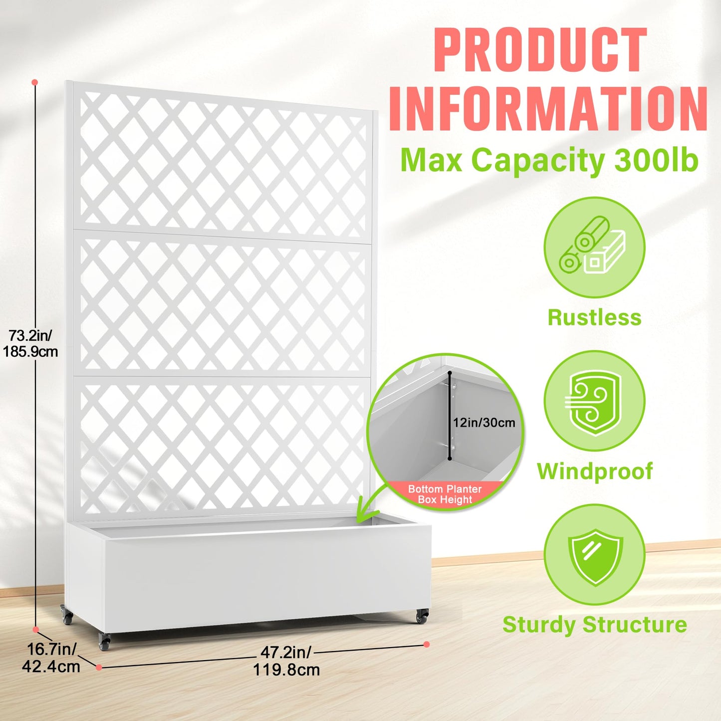 Metal Planter Box with Trellis, Raised Garder Bed with Drainage Hole, Privacy Screen & Trellis for Climbing Plants, Outdoor Plant Stands, 47''L×17''W×73''H, White