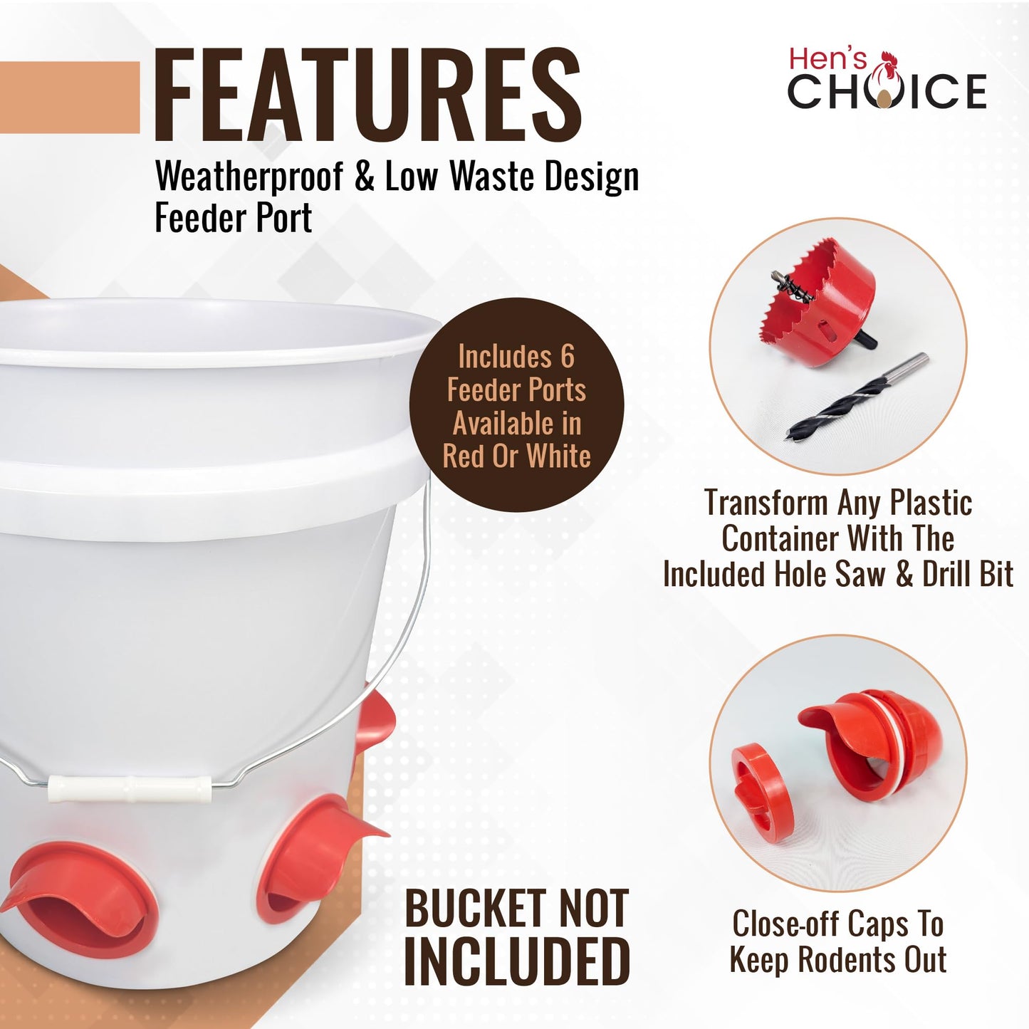 Hen's Choice™ DIY Chicken Feeder Port and Waterer Kit, Rain Proof/Reduced Waste, for 5 Gallon Bucket, Trash Can, Container | Includes Hole Saw & Drill Bit (Red (x6))