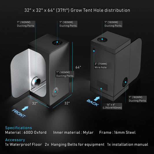 TopoGrow Grow Tent Complete Kit 300W LED Grow Light Full-Spectrum Indoor Hydroponics 32"X32"X63" Grow Tent 4" Ventilation Kit with Hangers,Hygrometer, Shear, Timer,Trellis Netting Full Setup