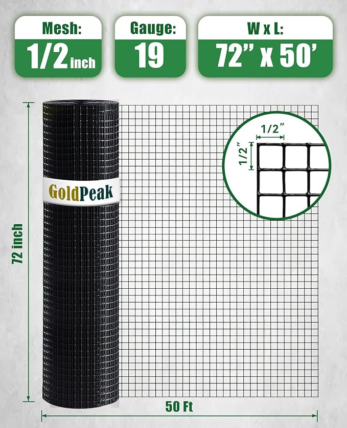 GoldPeak Black Hardware Cloth 1/2 inch 72 inch x 50 Foot 19 Gauge, Vinyl Coated Chicken Wire Mesh Roll Chicken Wire Fencing Garden Fence Tree Guard Rodent Mesh Rat Wire