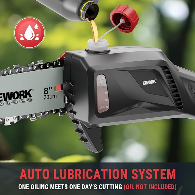 EWORK 20V 8-Inch Cordless Pole Saws for Tree Trimming, Extension Up to 14.2-Ft, Lightweight Only 6.5 Lbs, Auto Oiling Electric Pole Saw Battery Powered with Battery and Charger - EK-TT2008HH