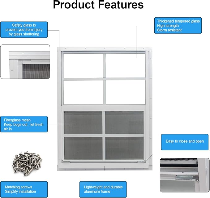 NeatiEase 2 Pack Shed Window, 14" x 21" Flush Mount Window with Tempered Glass and Fiberglass Screen for Shed, Chicken Coop, Playhouse, Household, Garage