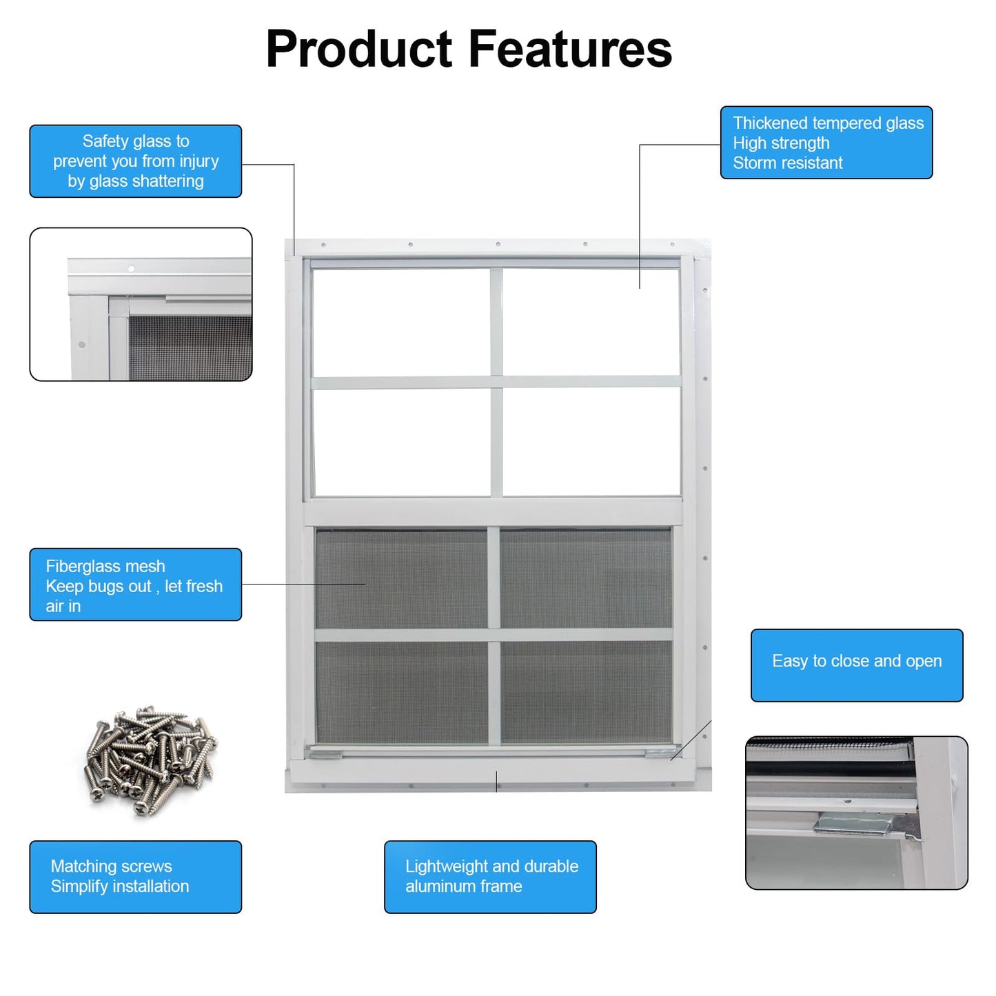 NeatiEase 2 Pack Shed Window, 12 x 18 Flush Mount Window with Tempered Glass and Fiberglass Screen for Shed, Chicken Coop, Playhouse, Household, Garage