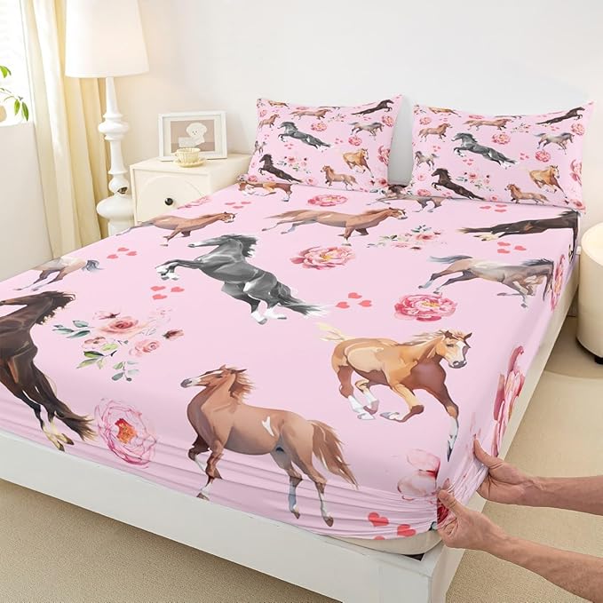 Horse Sheet Set for Girls,Kawaii Farmhouse Horse Print Bed Sheets Queen for Cowboy Cowgirl,Rustic Wild Animal Bedding Set,Watercolor Rose Flowers Leaves Fitted Sheet + Flat Sheet + 2 Pillowcases