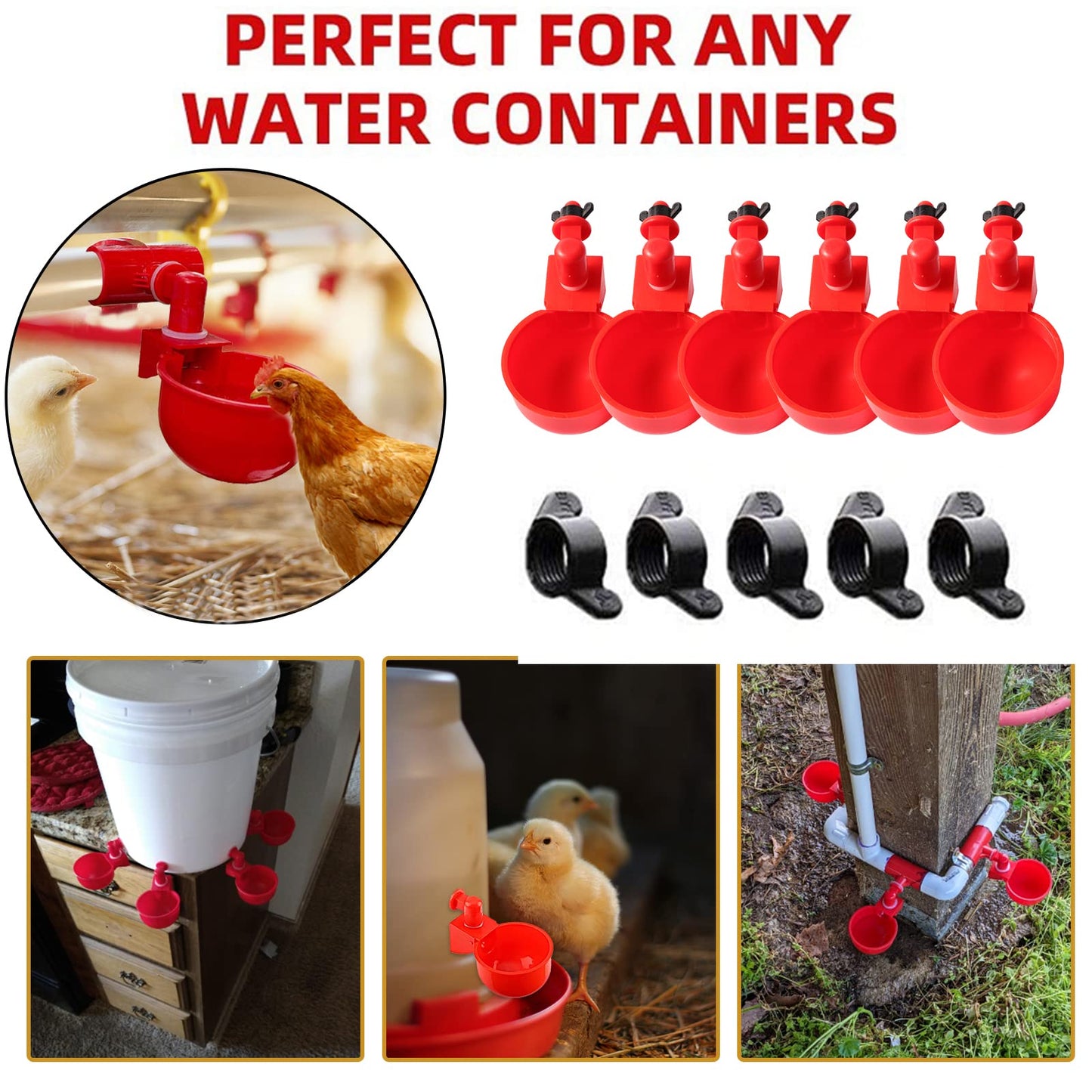 Chicken Water Cup Waterer for Poultry, 3/8 in Automatic Filling Waterer Poultry Drinking Bowl Chicken Water Feeder, Automatic Poultry Drinking Bowl for Duck Turkey Rabbit Geese Farm (6)