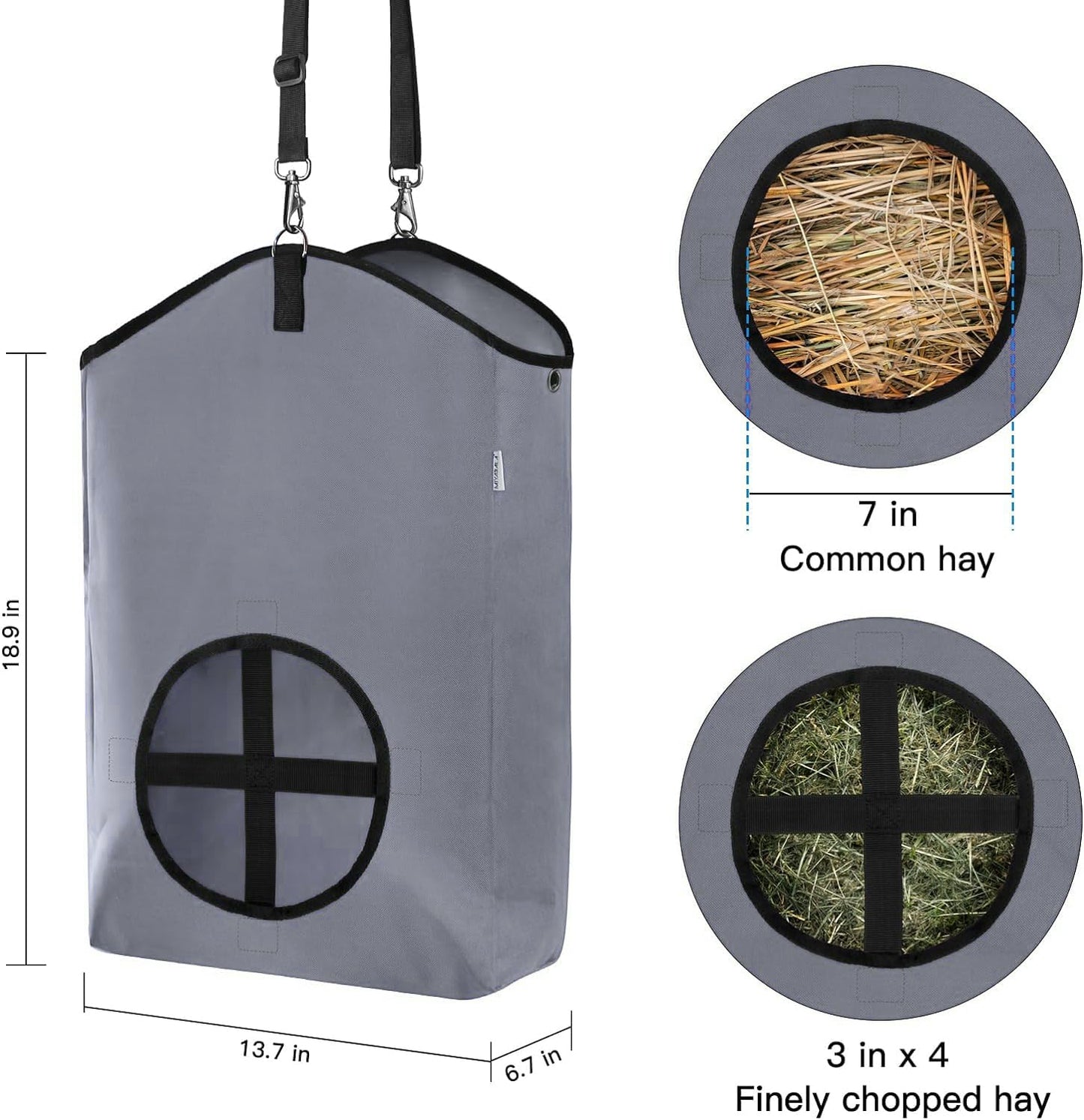 MIYABALA 3 Packs Goat Hay Feeder,Hay Bags for Goats,Horses,Sheep,Premium 600D Oxford Cloth,with Metal Fastener and Adjustable Open Feed Hole for Slow Feeding. (1 Black+2Grey)