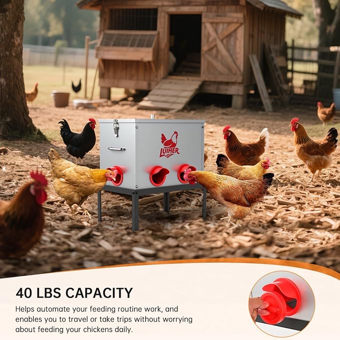 LUIHER Chicken Feeder - 40lb 6 Ports Large Capacity Galvanized Metal Poultry Feeder with Legs and Lids - Reduces Refilling Frequency - No Waste Chicken Feeding Equipment for Hen Coop