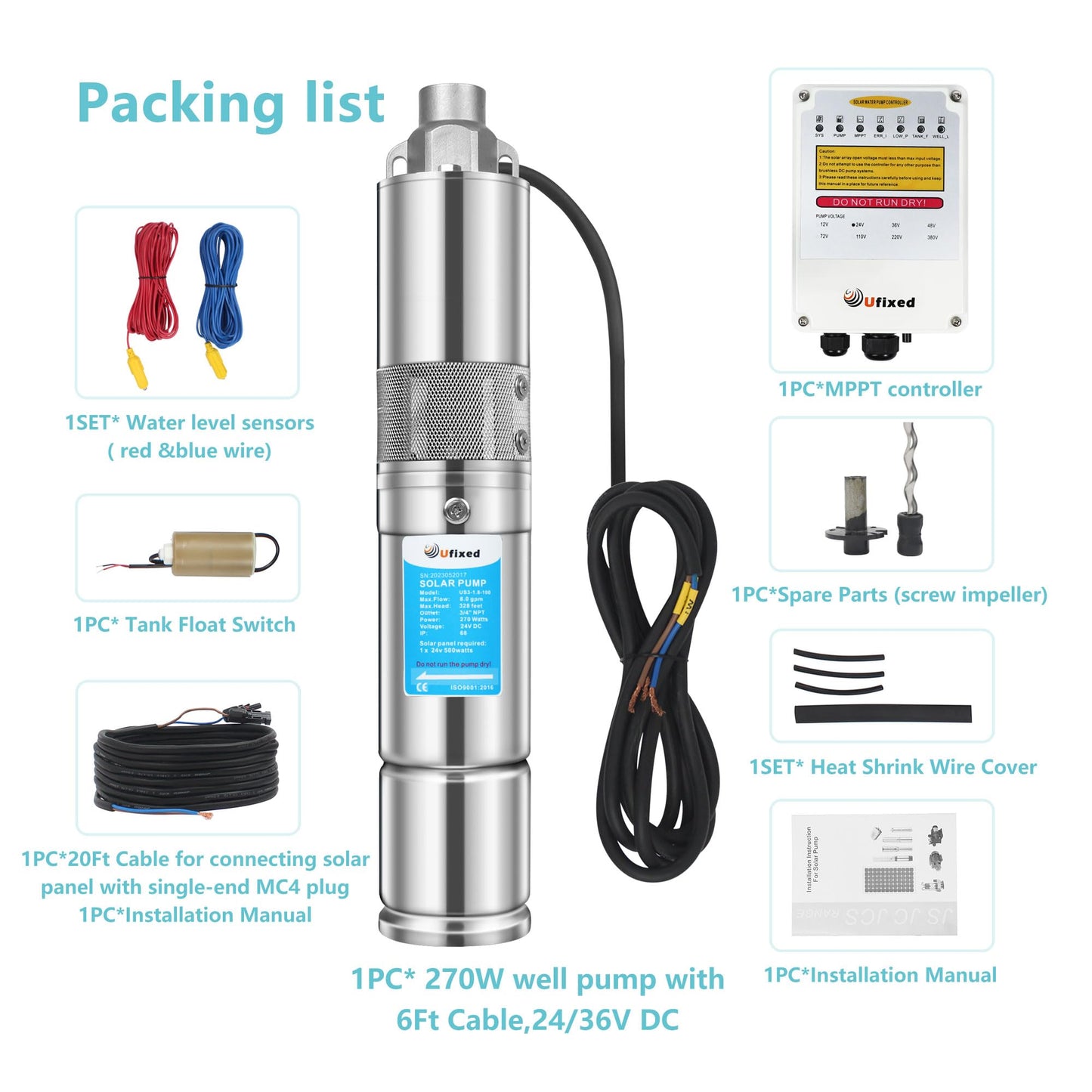 Solar Well Pump With MPPT Controller 7.9GPM 320Ft Head 3/4" Outlet 3" OD 270W Food-Safe Stainless Steel 24V DC Deep Well Pump