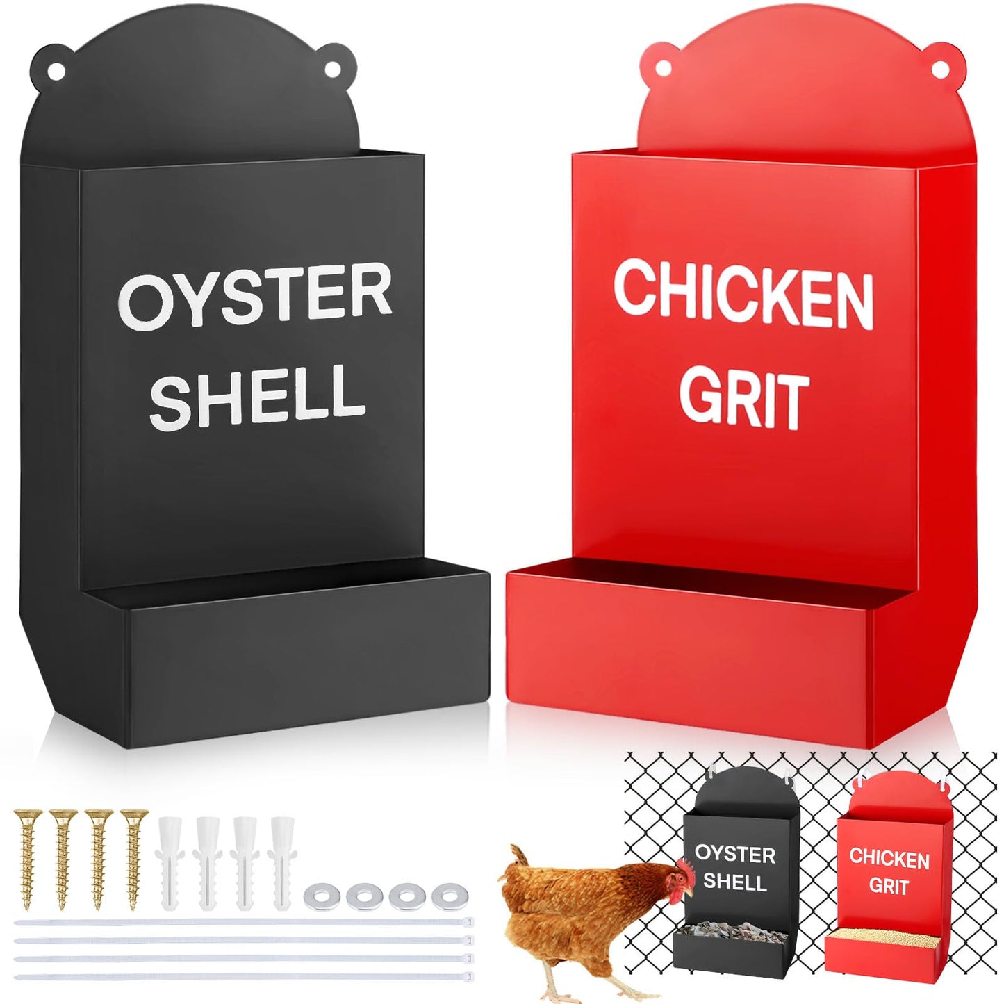 2PCS Chicken Grit Feeder Oyster Shell Feeder, Heavy Duty Metal Automatic Chicken Feeders, No Waste & No Mess, Gravity-Fed Chicks Food Dispenser Hanging Poultry Feeders for Coop Ducks, Pigeons, Doves