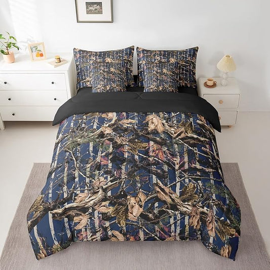 Feelyou Tree Branches 7 Pieces Bedding Set, for Kids Wild Hunting Leaf Bed Set Twin Size Botanical Tree Bed in a Bag with Comforter, Sheets, Pillowcases Bedroom Decor Nature Theme Navy Blue Brown