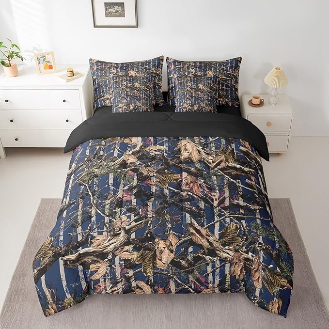 Feelyou Tree Branches 7 Pieces Bedding Set, for Kids Wild Hunting Leaf Bed Set King Size Botanical Tree Bed in a Bag with Comforter, Sheets, Pillowcases Bedroom Decor Nature Theme Navy Blue Brown