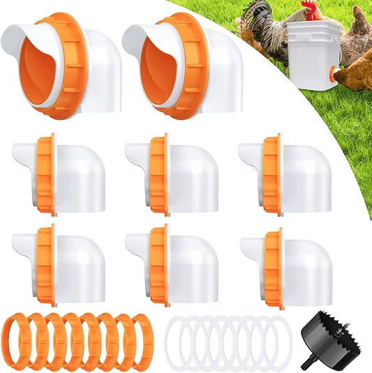 Chicken Feeders No Waste 8 Ports, 4 inch DIY Poultry Feeder with 8 Covers 1 Hole Saw, Rain Proof Automatic Gravity Chicken Feeder Kits for Buckets, Barrels, Bins, Troughs (Orange)