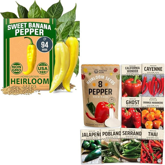 HOME GROWN Banana Pepper + Rooted Acre 8 Hot Peppers Variety Pack – 320+ Non-GMO Heirloom Seeds – Sweet & Spicy Peppers for Indoor/Outdoor Growing – High Germination USA-Sourced Seeds