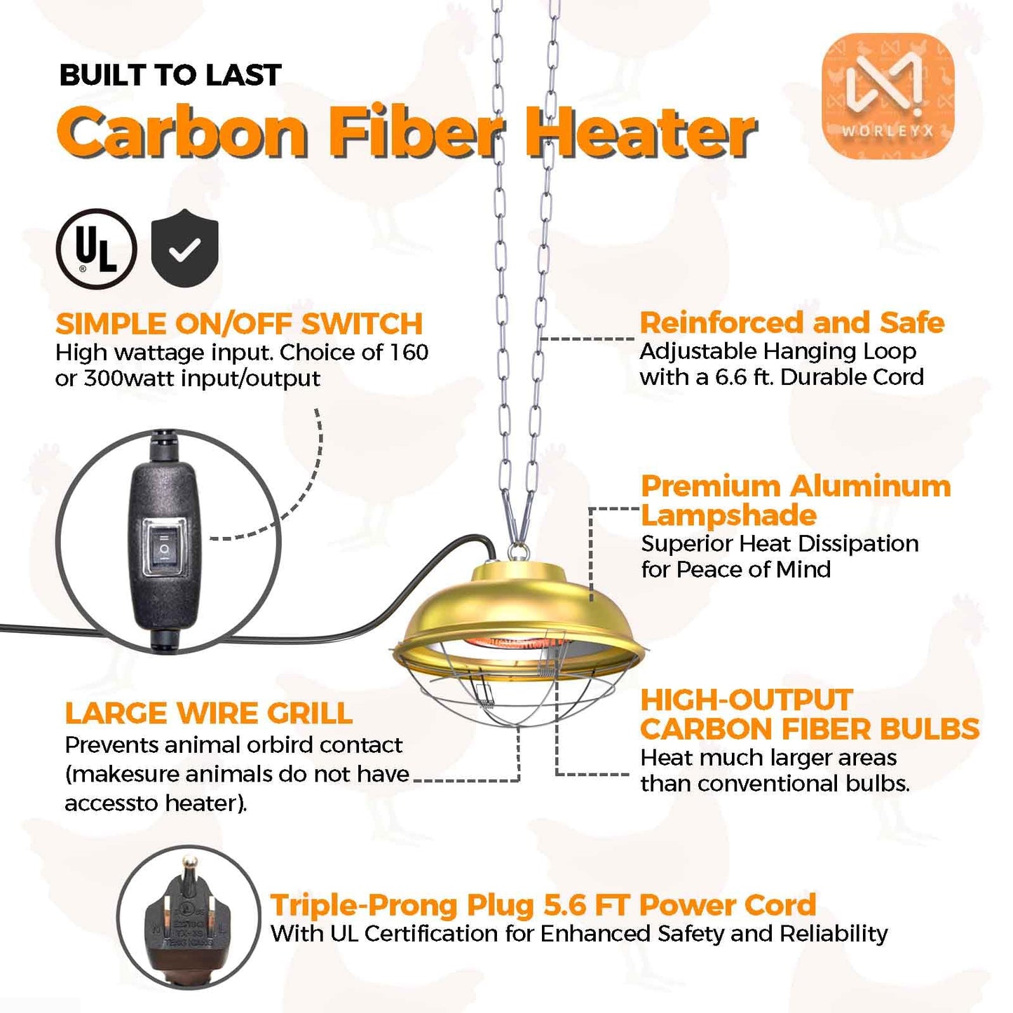 WORLEYX 300 Watt Heat Lamp for Chicken Coop - Professional Waterproof Chicken Coop Heater for Indoor & Outdoor Used - Suitable for Chick, Duck, Rabbit and Dog