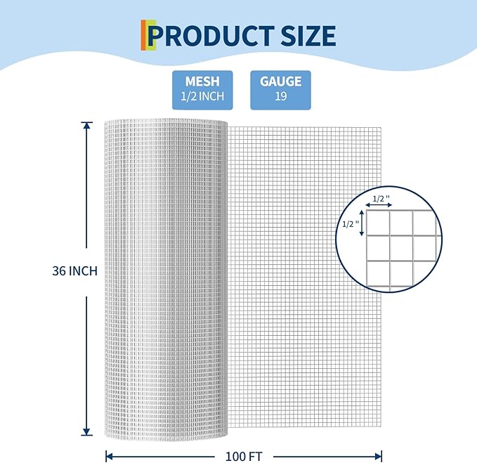 Hardware Cloth 1/2 Inch - 36in x 100ft Heavy Duty Galvanized Chicken Wire Mesh Roll, Hot-Dipped After Welding for Chicken Coop, Rabbit Cages & Garden Fencing – Poultry Netting & Chicken Wire Fencing