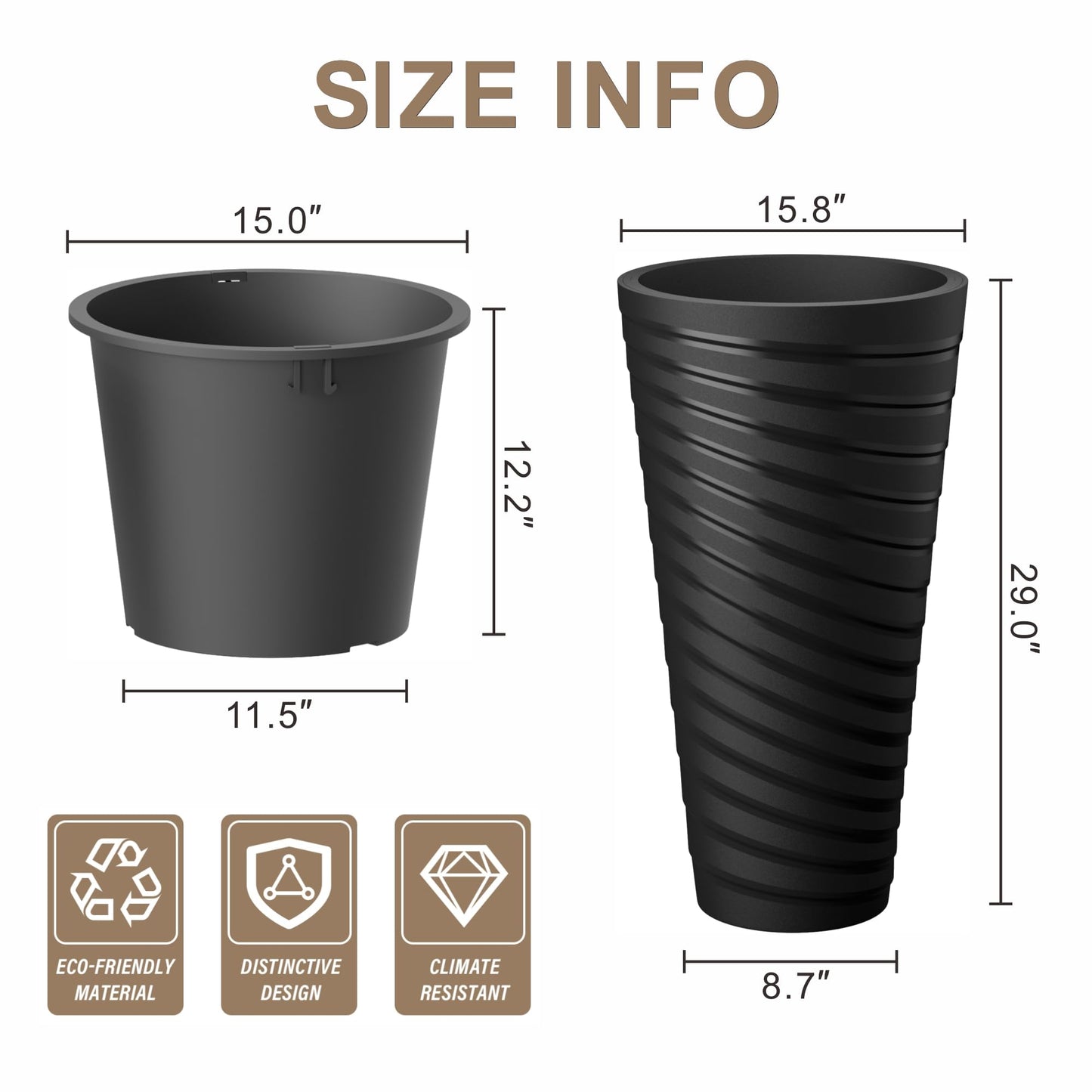 Kante 29 Inch Tall Planter Set of 2, Round Spiral Textured Flower Pots, Decorative Plant Pots for Outdoor Indoor Garden Patio Front Porch (Black)