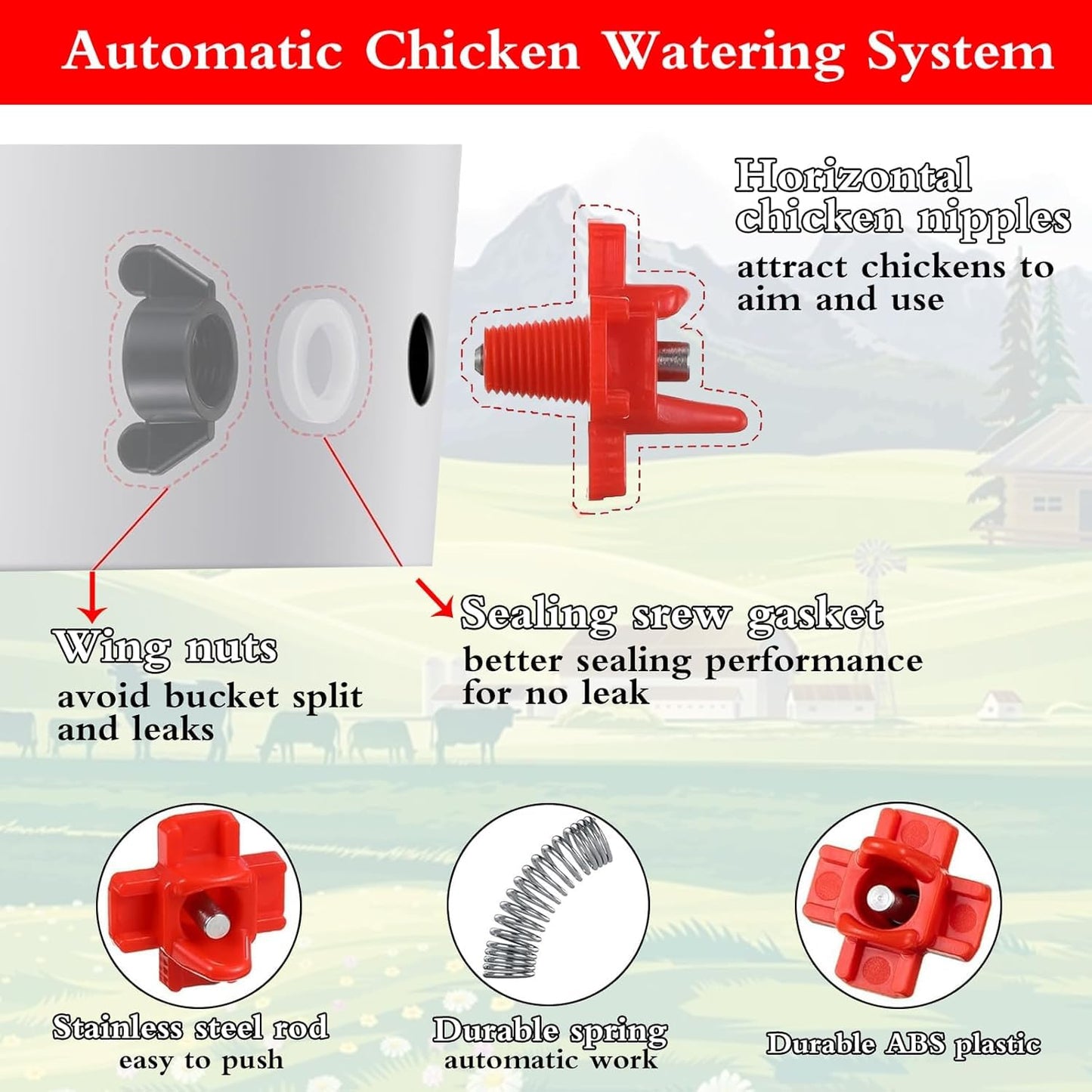 12 Pcs Horizontal Chicken Waterer Nipples with Drill Bits, Leakproof Poultry Watering System for Chicken Coop, Durable ABS Plastic & Stainless Steel, Water Saving Design for Outdoor Use