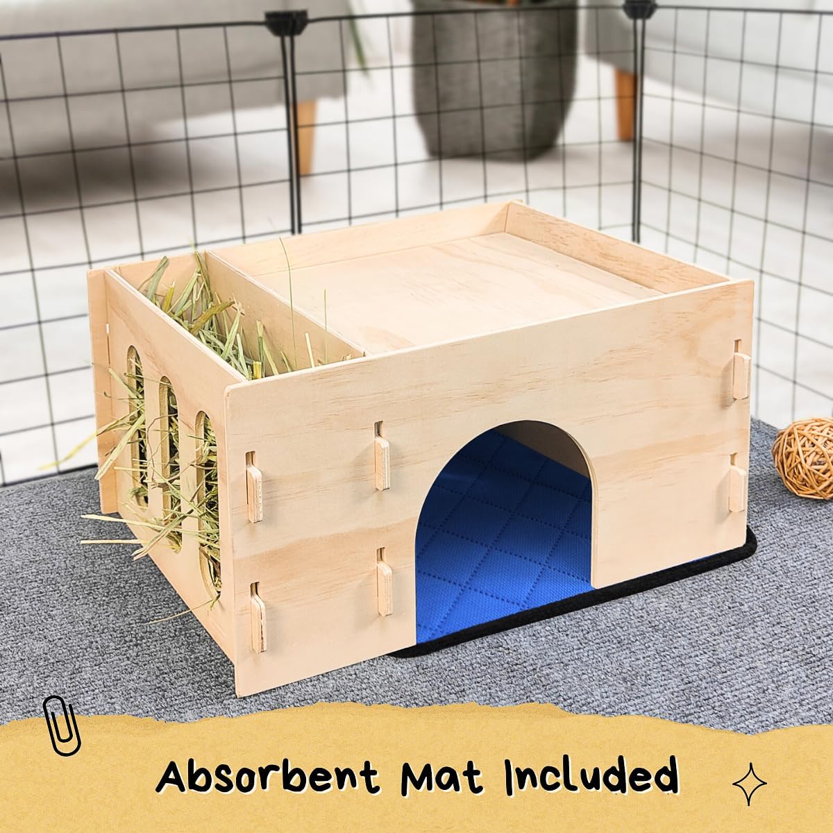 TiereCare Guinea Pig Hideout with Hay Feeder & Absorbent Mat, Wooden Chinchilla House with Multiple Window, Small Animal Hut Castle for Dwarf Rabbit