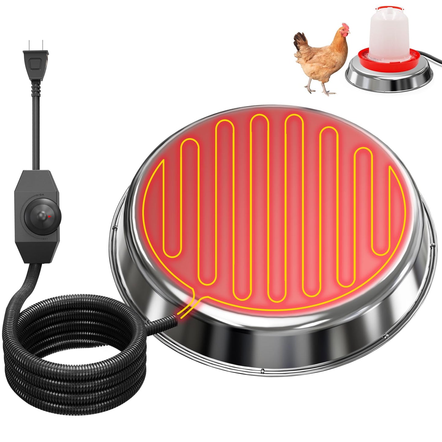 Chicken Water Heater for Winter,14" Heating Base for Metal/Plastic Chicken Waterer Poultry Founts Under 5 Gallon,48W Thermostat Chicken Coop Water Heater