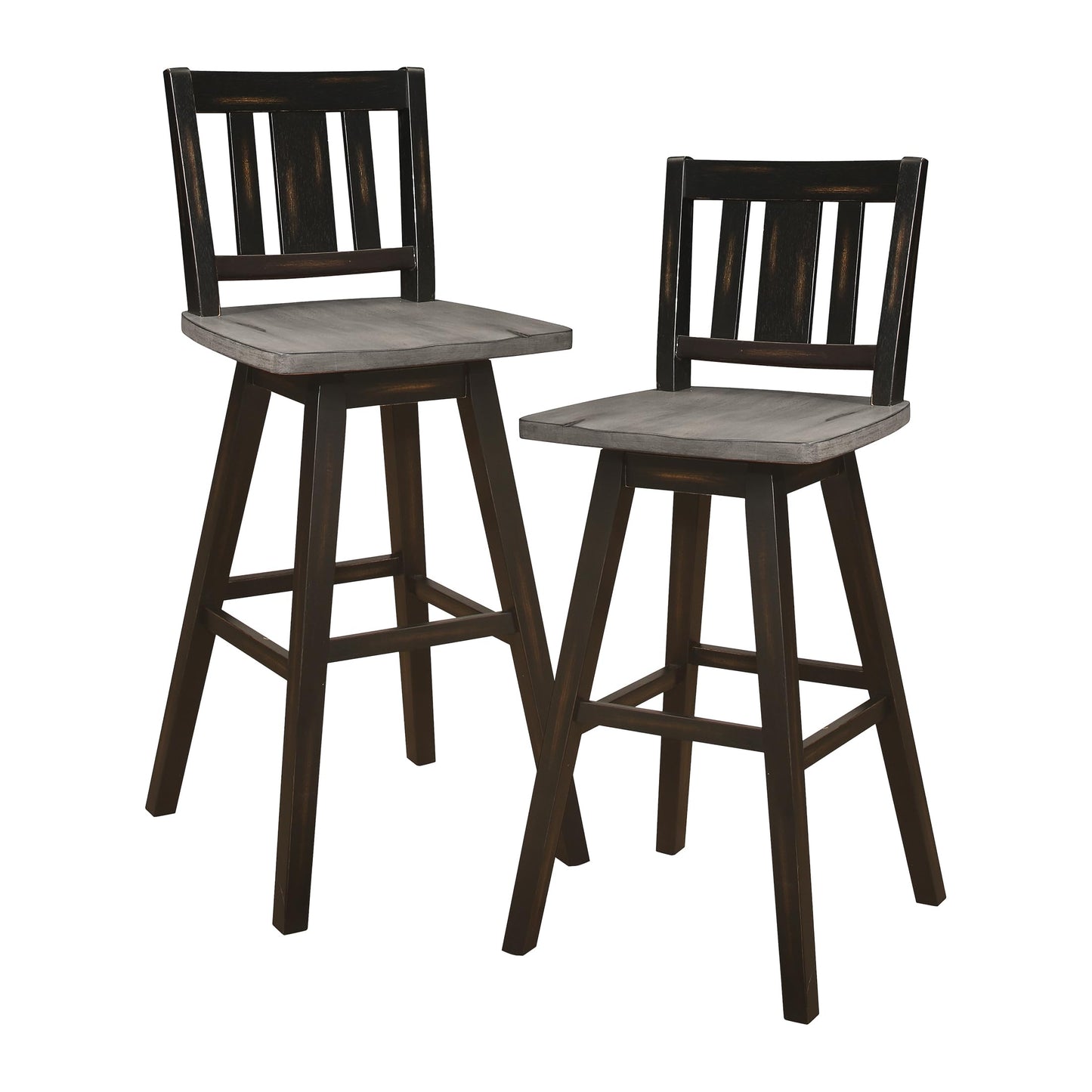 Bar Height Bar Stools Set of 2 - Solid Wood High Back 360° Swivel Wood Stool Pub Height, Foot Rest, Slat Back, Wide Seat, Distressed Farmhouse Easy to Clean Finish, 29 Inch Seat Height Chair Black
