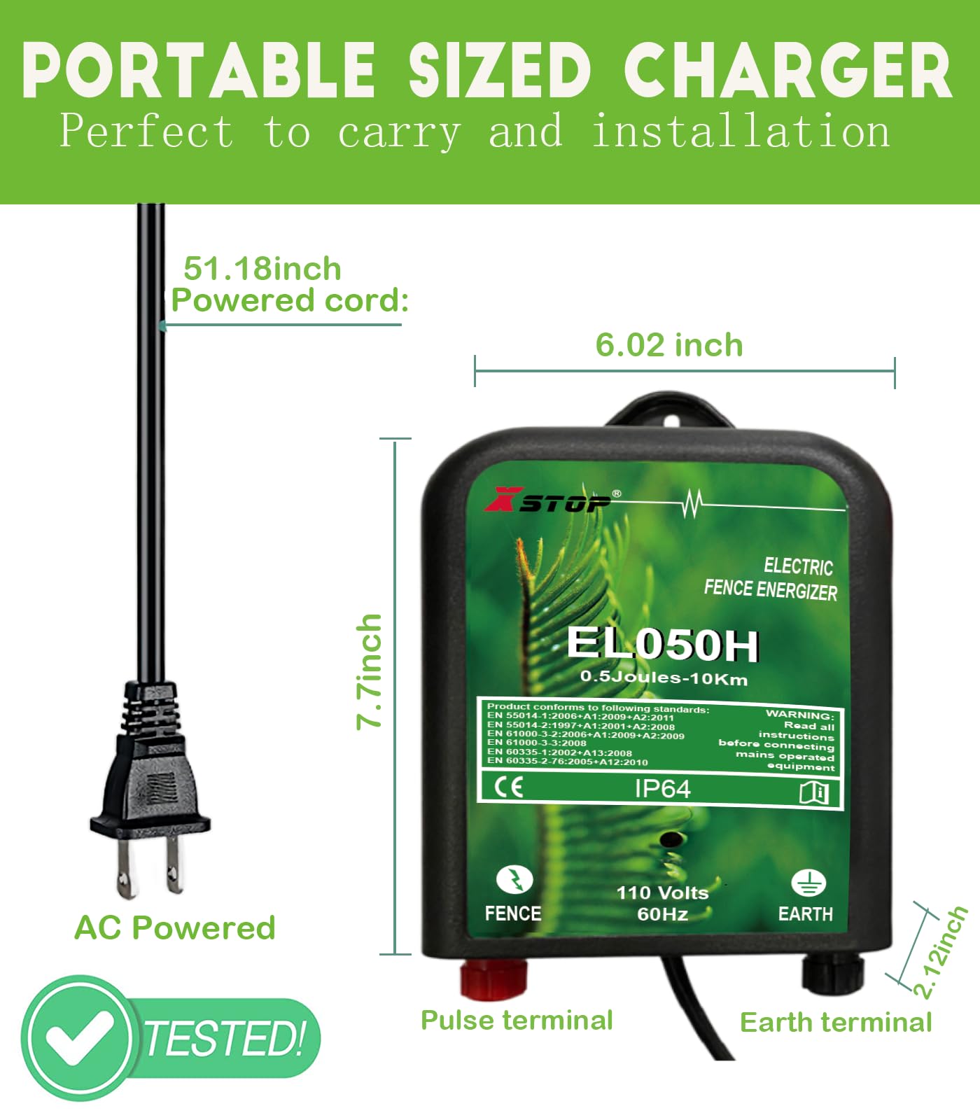 Electric Fence Charger XSTOP EL050H 6.2 Miles Low Impedance Electric Fence Energizer Output 8500V 0.5Joule Best for Dogs,Horses,Livestock, Squirrels,Deer Electric Fence System