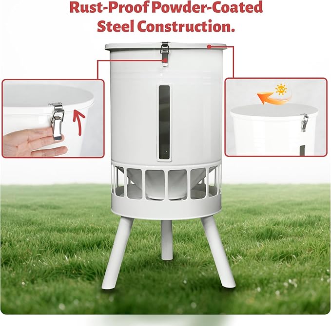 KOL Metal Chicken Feeder No Waste - 50lbs Poultry Feeder with 16 Ports, Powder Coated Rust-Proof Design & Smooth Edges for Safe Feeding (Jade White)
