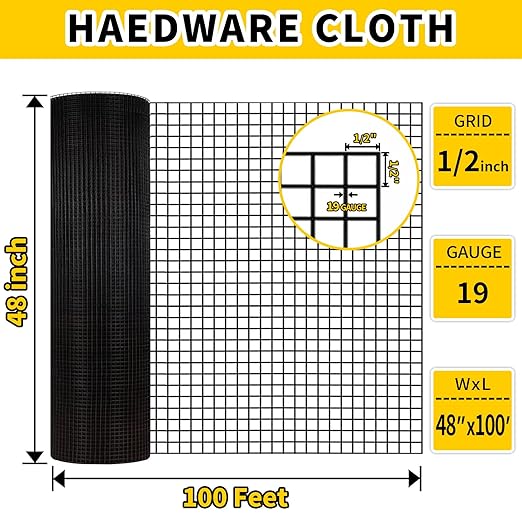 Hardware Cloth, 1/2 inch 48" x 100' Galvanized Chicken Wire Fence, 19 Gauge Vinyl Coated Wire Mesh Roll, Black Welded Wire Fencing Roll Gopher Wire Mesh Roll for Garden Fencing Rabbit Snake Wire