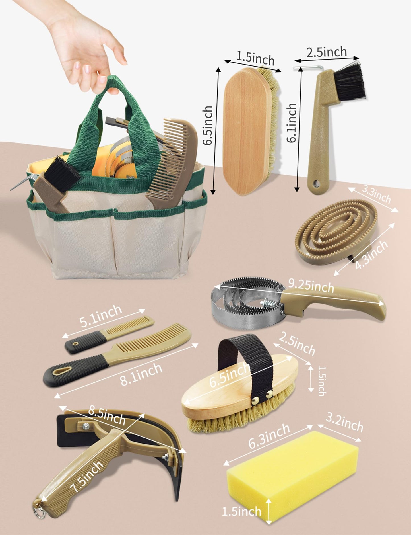 inoreal 9 Pieces Horse Grooming Kit, Tack Room Supplies Set with Tote Bag, Horse Brush Set for Effective Cleaning and Bathing, Professional Equine Coat Care Kit for Horse Riders Beginner