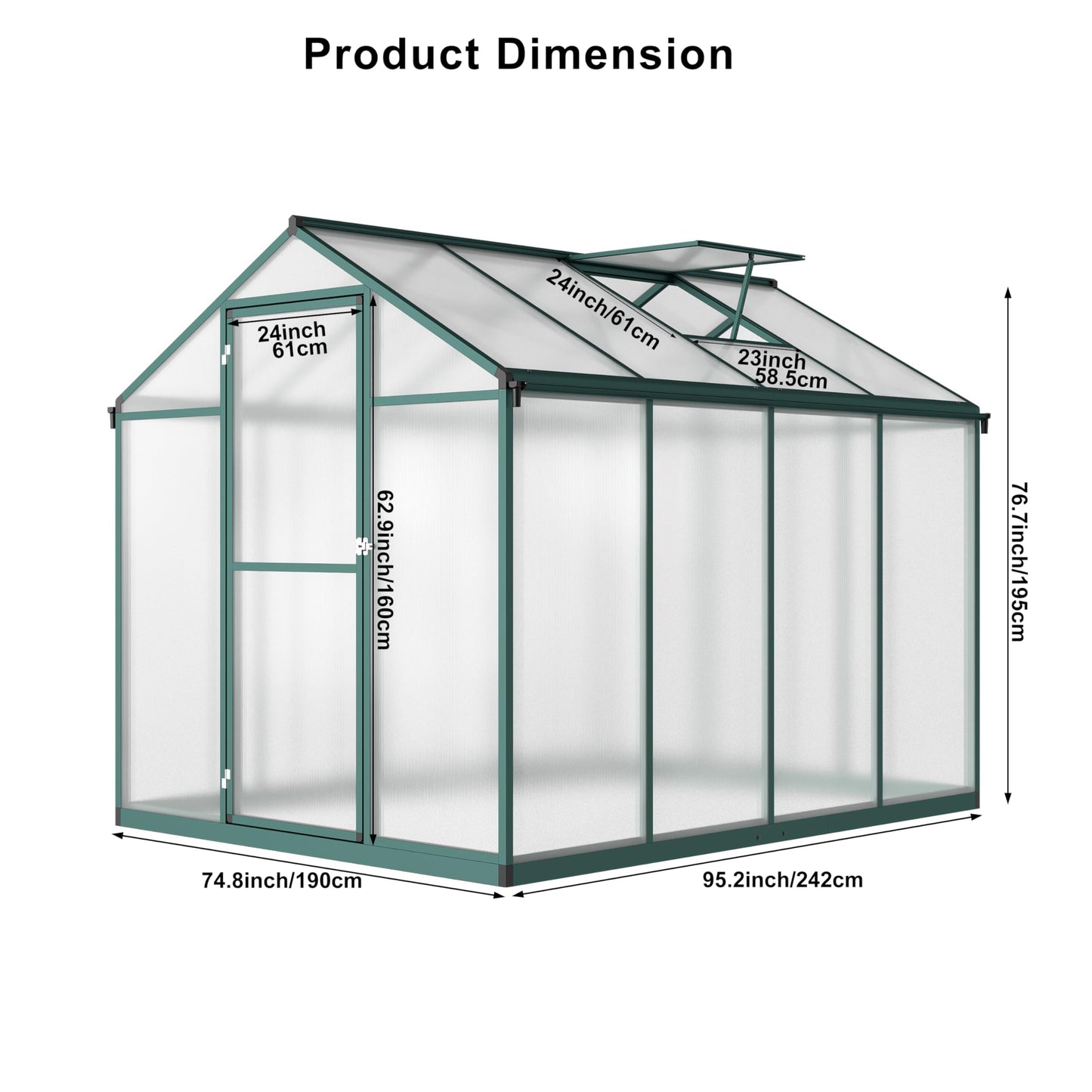 EcoSummer Greenhouse for Outdoors 8 x 6.25 Ft, Polycarbonate Greenhouse with Lock, Roof Windows Vent and Rain Gutter, Aluminum Large Walk-in Green Houses, for Patio Garden Backyard Outside, Green