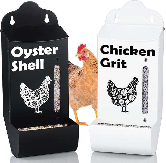 CluckRoots Chicken Grit and Oyster Shell Feeder Combo, No-Spill Weatherproof Heavy-Duty Design, Lift-Off Wall-Mounted Metal Dispenser w/View Window, Chicken Coop Accessories Gifts for Lovers Women