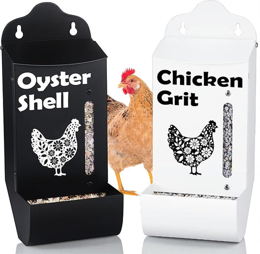 CluckRoots Chicken Grit and Oyster Shell Feeder Combo, No-Spill Weatherproof Heavy-Duty Design, Lift-Off Wall-Mounted Metal Dispenser w/View Window, Chicken Coop Accessories Gifts for Lovers Women