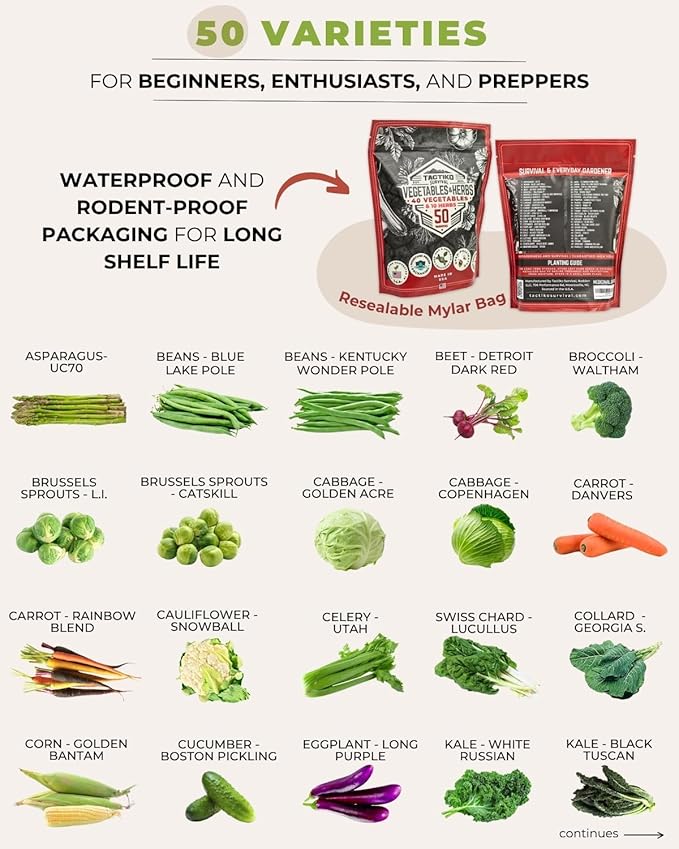 50 Tactiko Survival Vegetable, Herb & Fruit Seed Kit - U.S.A. Harvested Varieties - Over 25,000 Non-GMO Heirloom Seeds - Emergency Seed Vault in Waterproof Mylar Bag - Long-Term Storage
