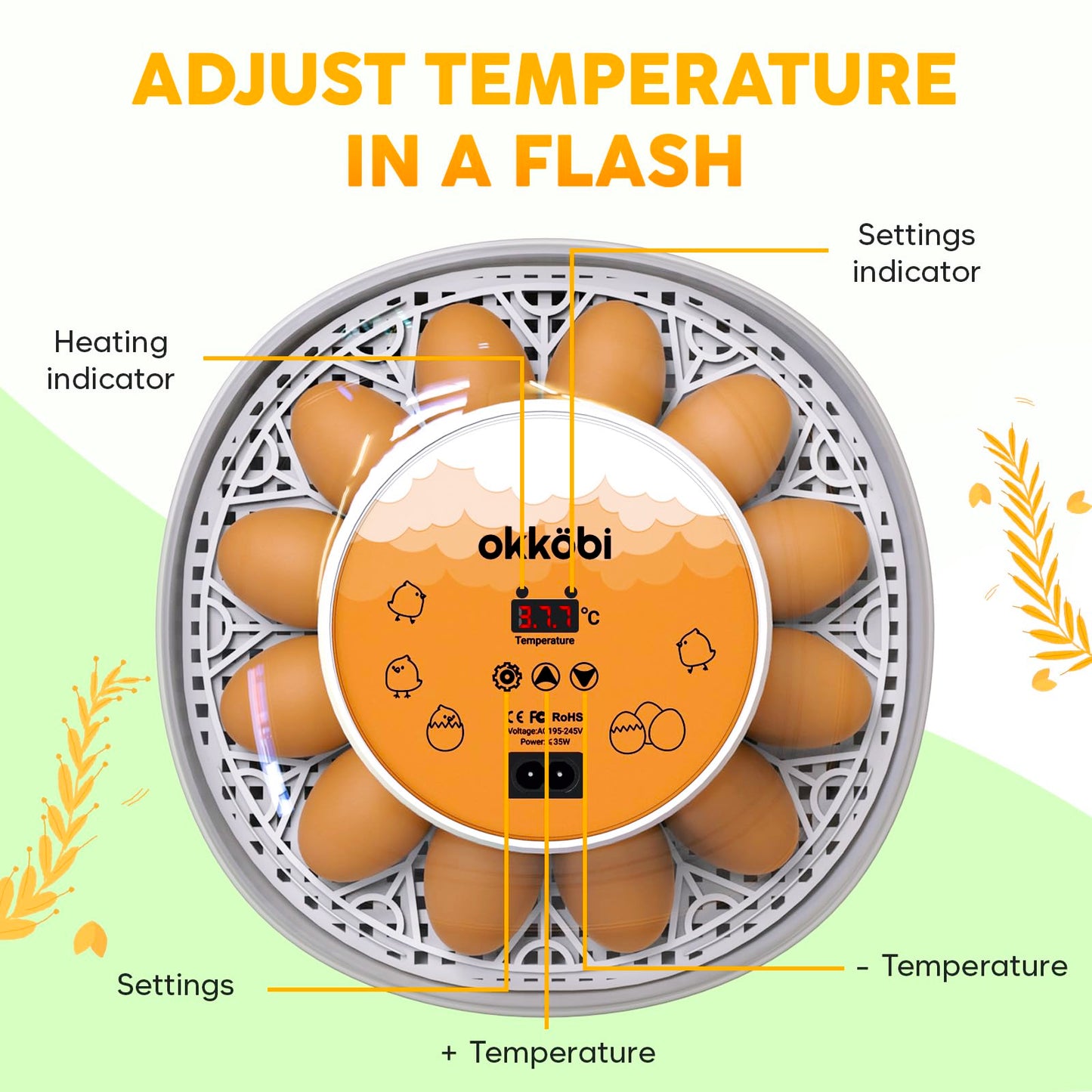 Okkobi M12 Egg Incubator with Automatic Turner and Humidity Control - 12/24 Eggs, 360° View, Easy to Use and Clean - Incubadora de Huevos de Gallina - Made for US - White & Orange