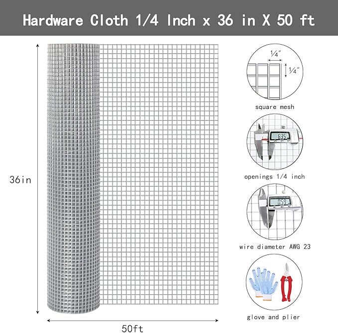 Thinkahead Hardware Cloth 1/4 inch 36 X 50 ft 23 Gauge, Galvanized Wire Mesh Roll, Welded Wire Fencing, Hardware Cloth for Chicken Coop Wire, Rabbit Cage Wire