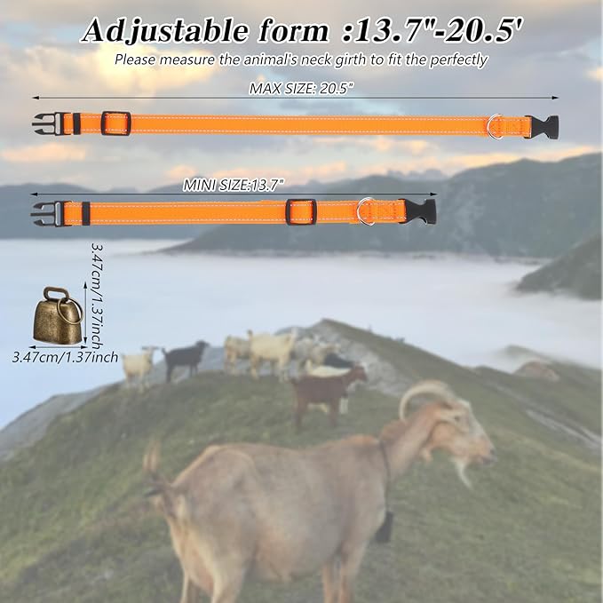 10 Pack Reflective Goat Collars with Bells, Cow Horse Sheep Grazing Copper Bells and Adjustable Nylon Collar Set Pet Anti-Lost Loud Bronze Bell for Small Farm Animal Goat Sheep Cow Accessories