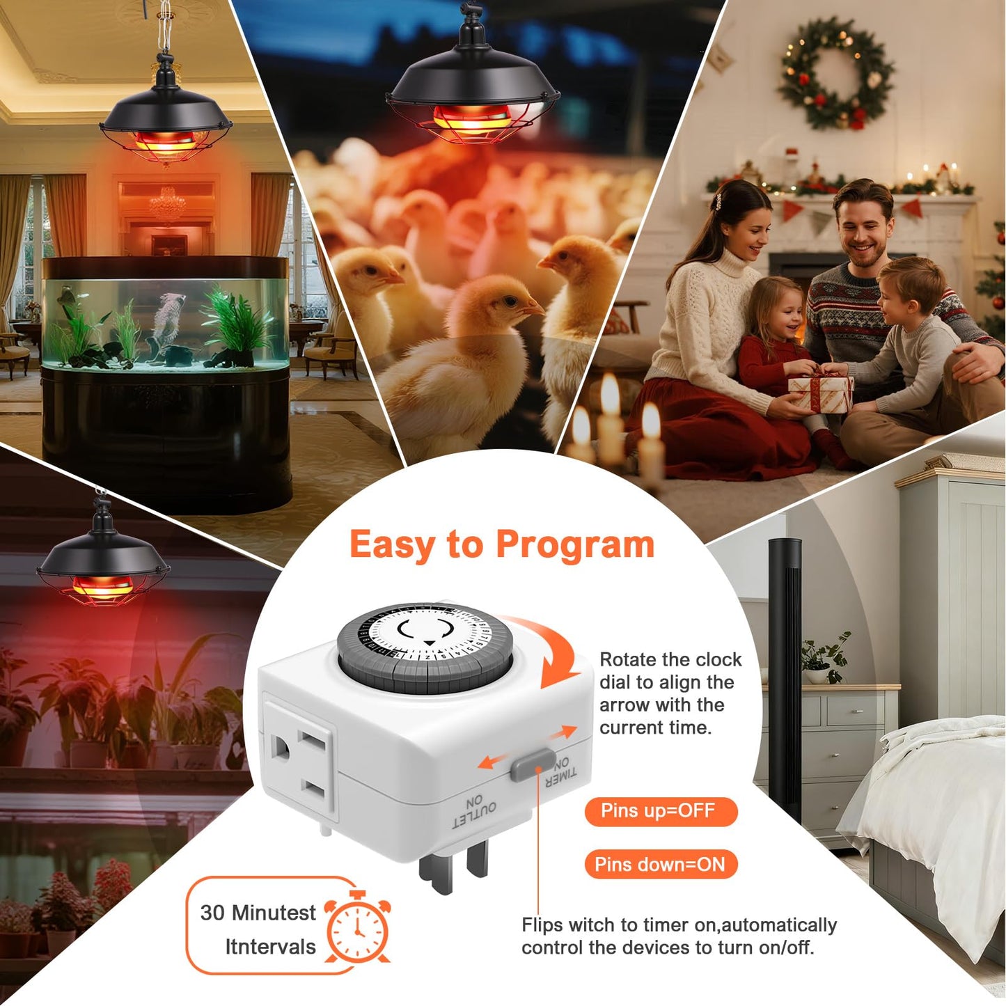 Yinsun Chicken Coop Heater, 150w Heat Lamp with 24-Hour Indoor Basic Timer, Daily On/Off Cycle - 30 Minute Interval, Adjustable Height Heater for Outdoor Chicken Reptile Rabbits Dog Cats