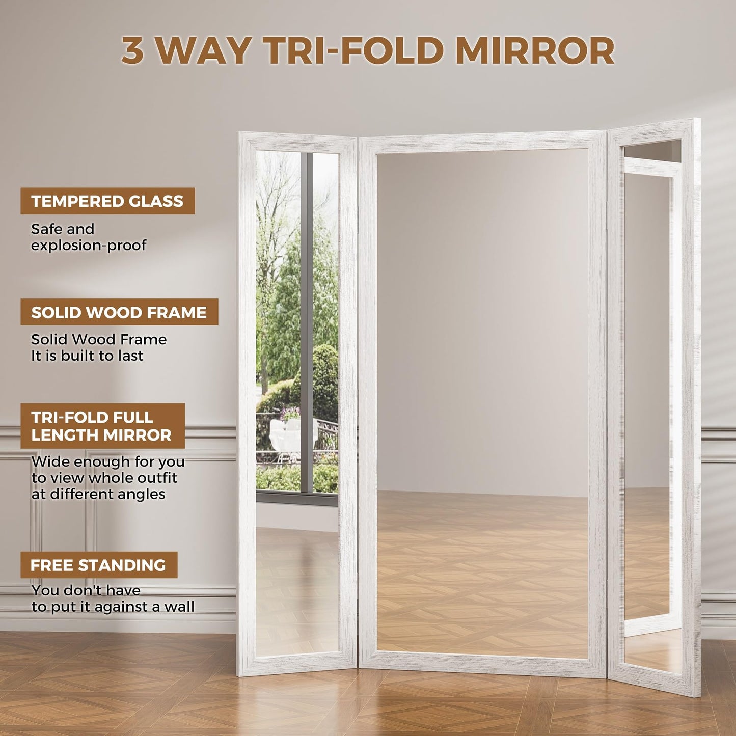 3 Way Full Length Trifold Mirror with Tempered Glass, 3 Panel Oversized Extra Large Free Standing Mirror with Rustic Wood Frame, for Wedding Dress/Clothing Shop/Bedroom/Closet, 71"x67", RusticWhite