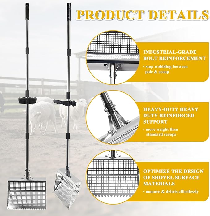 12in Wide chicken poop scooper and rake，Aluminum Poop Scoop Shovel for Cleaning Coops, Sand, Bedding，Adjustable Long Handle， Garden, Farm, Livestock Waste Removal Tool，chicken coop accessories