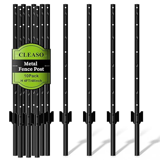 10 Pack Metal Fence Posts, 4ft Heavy Duty U-Post, Black Garden Stakes, No-Dig Post Anchors for Wire Fences, Temporary Fencing, Electric Fence, and Corner Support