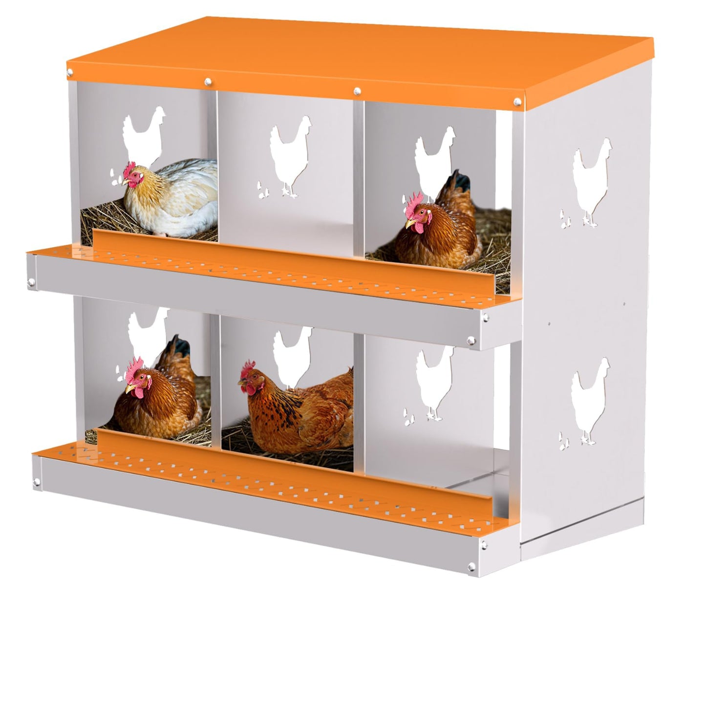 Chicken Nesting Boxes, 6-Hole Roll Away Nest Box for Chicken Coop, Metal Egg Laying Box with Perch & Lid Cover to Protect Eggs, Rollout Egg Collection, Vented Holes Orange