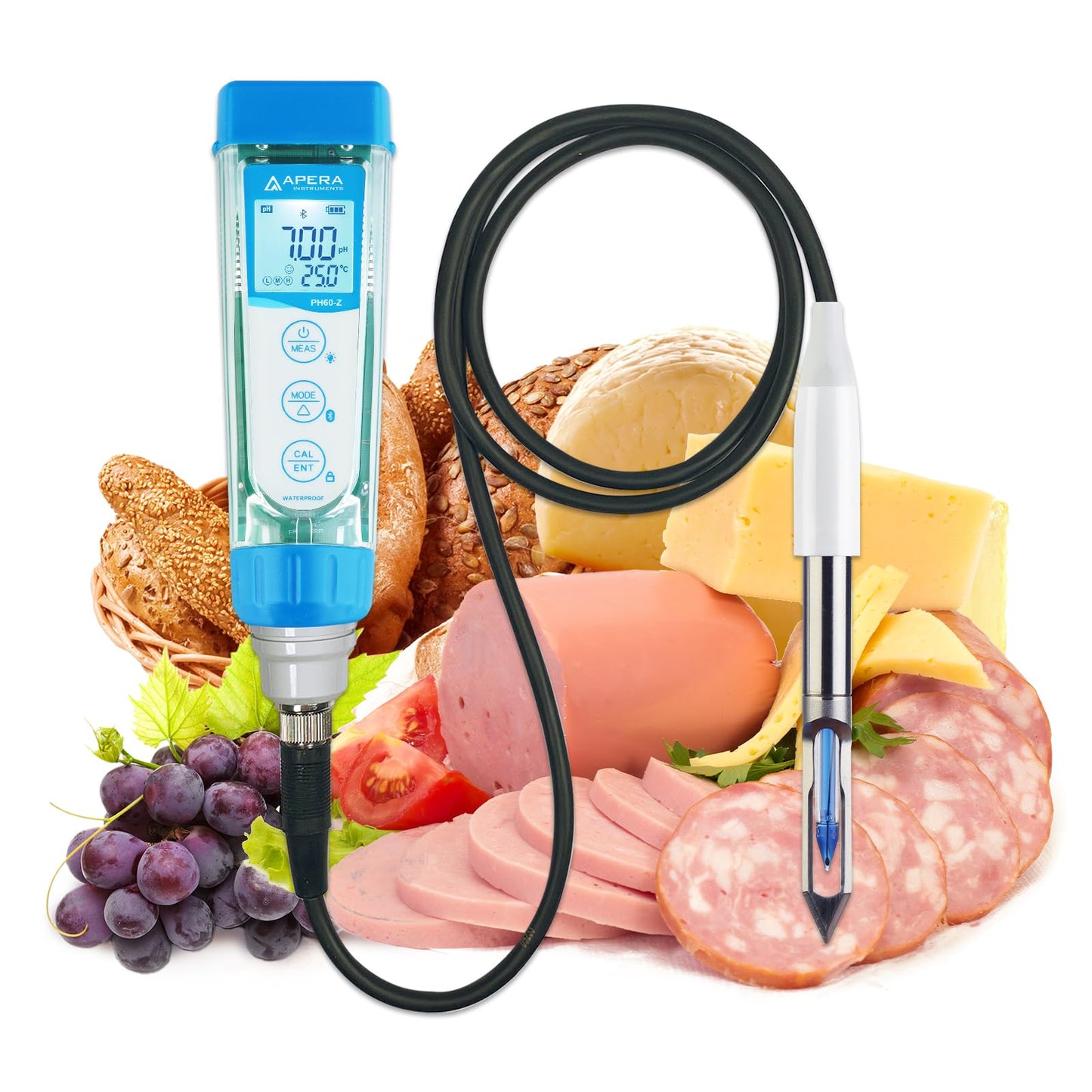 Apera Instruments PH60Z-MT Smart Handheld pH Meter Tester Kit with LabSen 765 pH/Temp. Blade Spear Electrode for Lab-Grade pH Measurement in Meats and Solid Food Samples