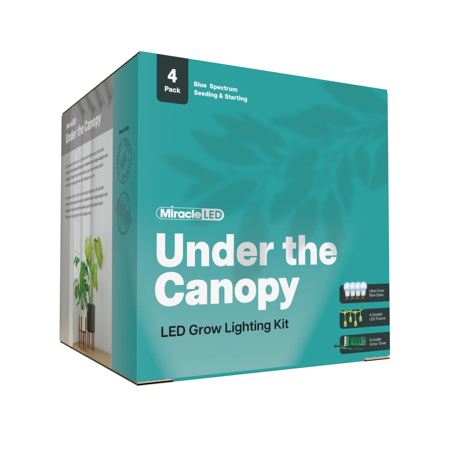 Miracle LED Under The Canopy Indoor Grow Light Kit - Double Plant Yield - Ultra Grow Blue Spectrum 150W Replacement Grow Bulbs & 4-Socket Corded Fixture with SproutMatic Timer (4-Pack)