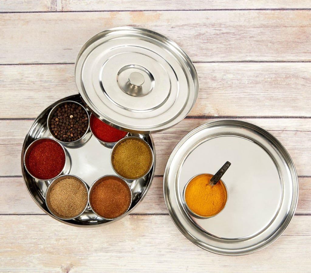 Chanaksha Trading Spice Container Stainless Steel Round Spices Box Kitchen Masala Dabba - Spice Container - Masala Dabba - 7 Compartments with 2 Spoon, Airtight Silver Color