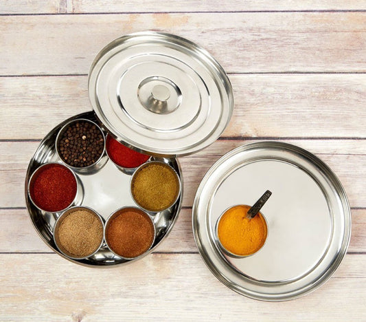 Chanaksha Trading Spice Container Stainless Steel Round Spices Box Kitchen Masala Dabba - Spice Container - Masala Dabba - 7 Compartments with 2 Spoon, Airtight Silver Color