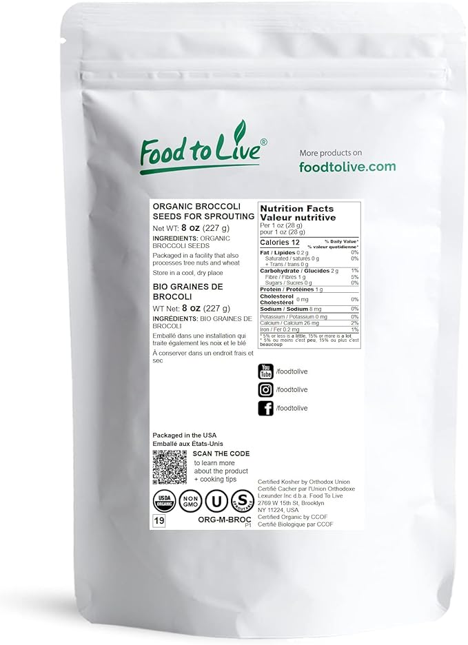 Food to Live Organic Broccoli Seeds for Sprouting, 8 Ounces – Non-GMO, Vegan, Kosher, Sirtfood, Bulk. Rich in Sulforaphane, Vitamin C. Grow Sprouts, Microgreens for Salads, and Sandwiches