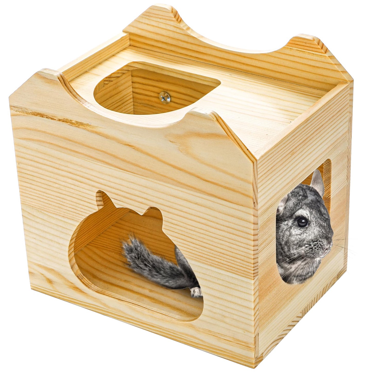 Yesland Wood Chinchilla House, Natural Small Animal Hideout Hut for Chinchilla, Squirrel, Sugar Gliders in Cage -Ventilated Wooden Hamster Habitat with Multiple Doors - 8.5 X 6 X 8 Inches