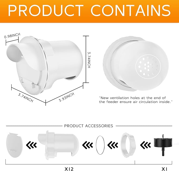 Chicken Feeder Port 12pcs Poultry No Waste Port Kit with Stopper Lid, 1 Hole Saw, DIY Automatic Reusable Coop Feeders, Rain Proof Gravity Feeding Geese Duck Hens Rooster for Bucket Barrel Bin (White)