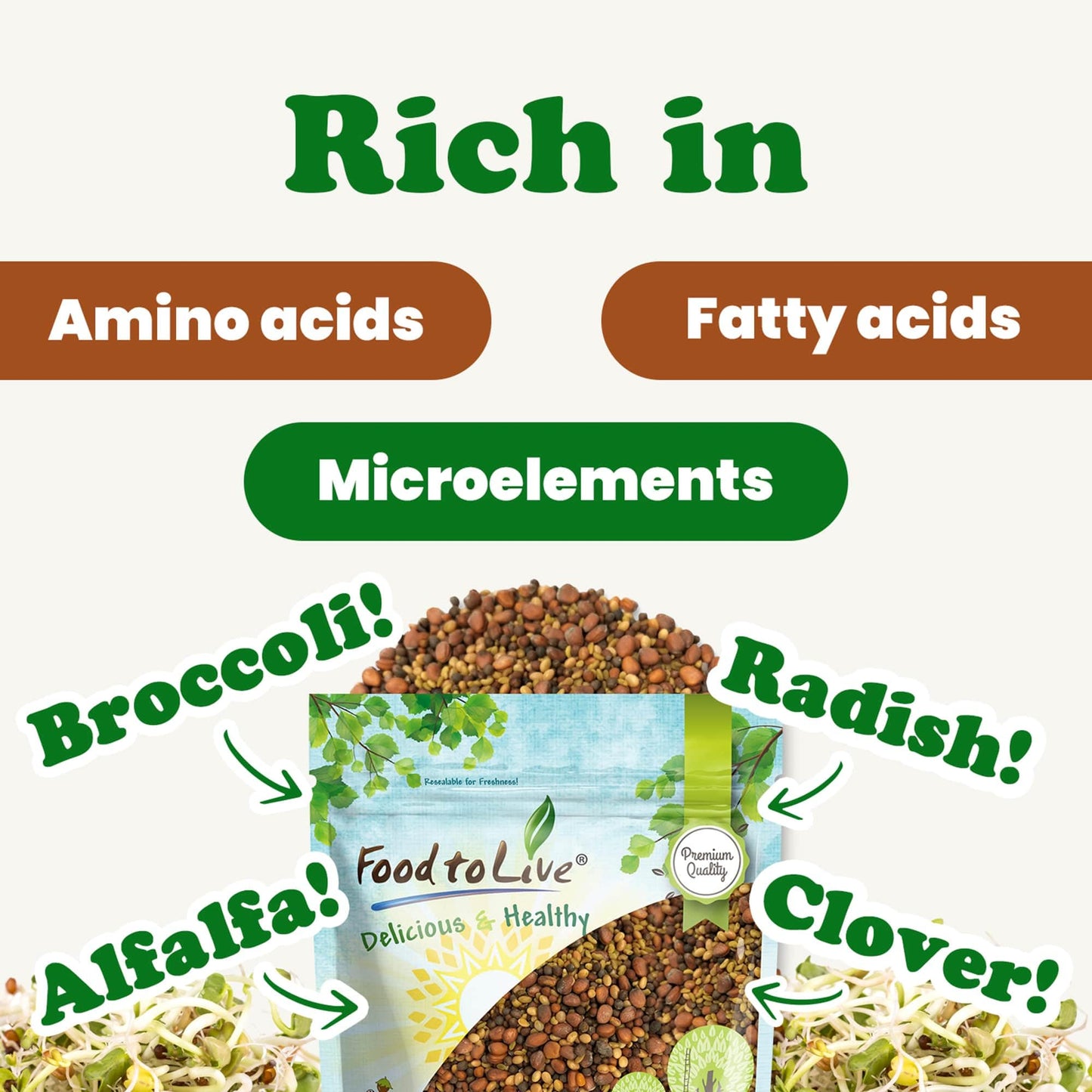 Food to Live Salad Mix of Sprouting Seeds, 10 Pounds – Broccoli, Clover, Radish, Alfalfa, Kosher, Raw, Vegan