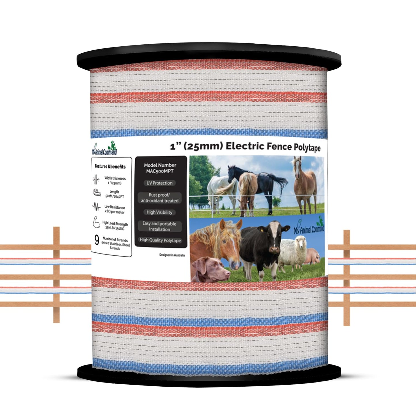 My Animal Command 1 Inch Wide Electric Fence Polytape for Containment of Livestock, Horses Farm Animals Garden Deer Hot Wire with High Visibility - 1640 Feet/500 Meter Length Drums